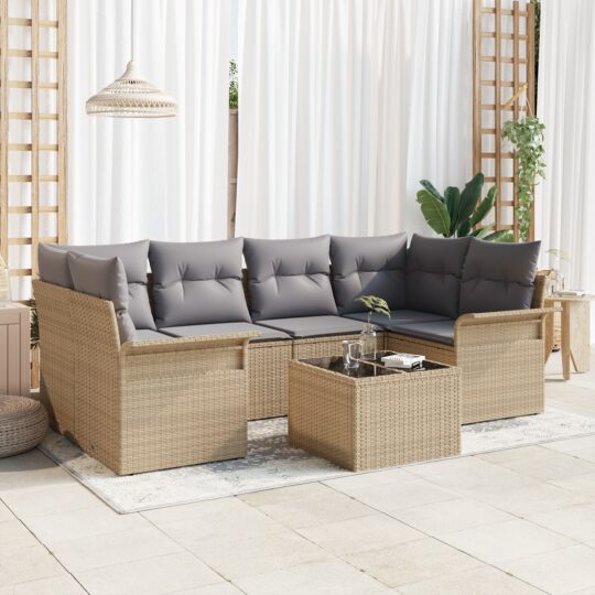 Set de canapele pentru grădină 7 pcs Bej Rattan poli
