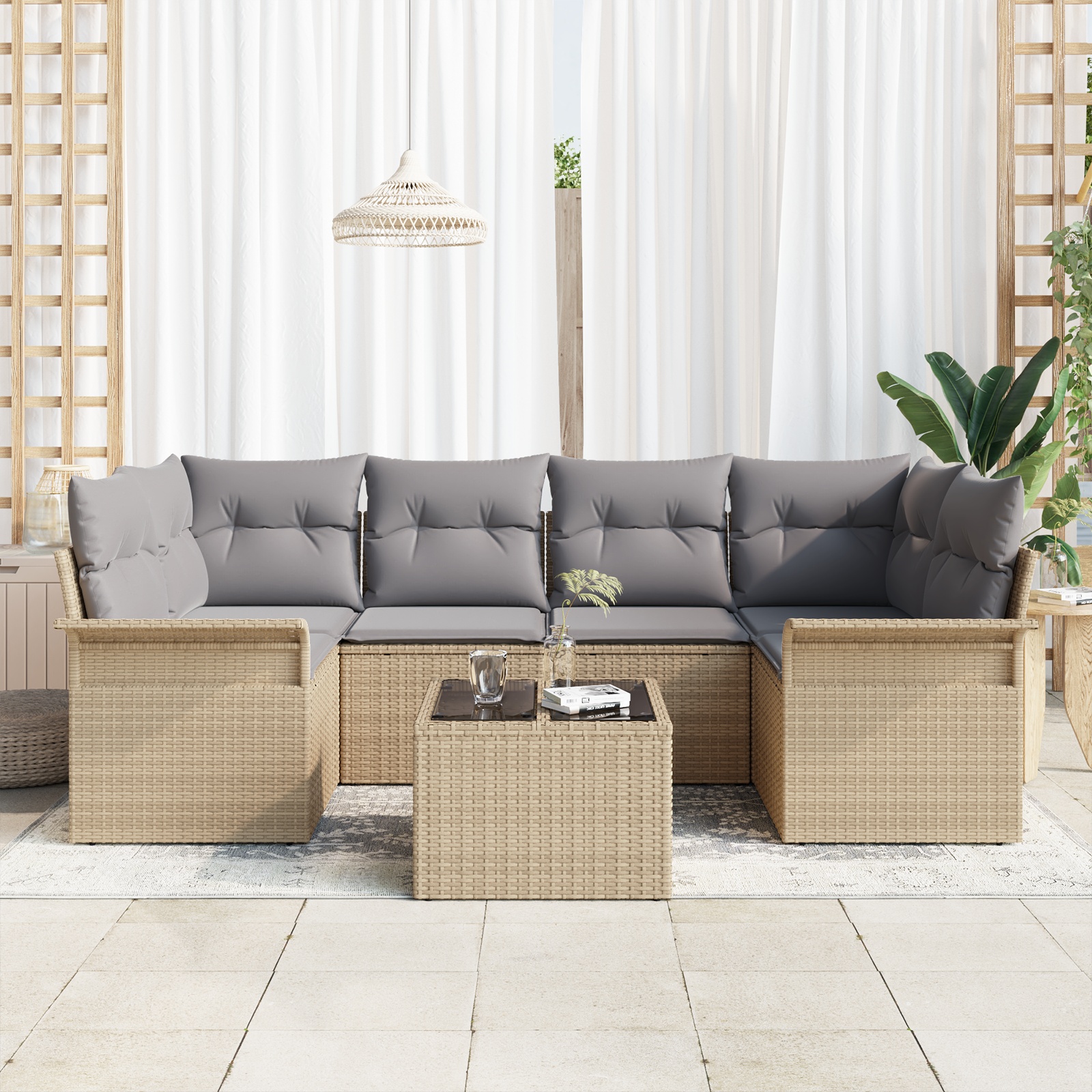 3345260 3 Set de canapele pentru grădină 7 pcs Bej Rattan poli Set de canapele pentru grădină 7 pcs Bej Rattan poli - imagine 3