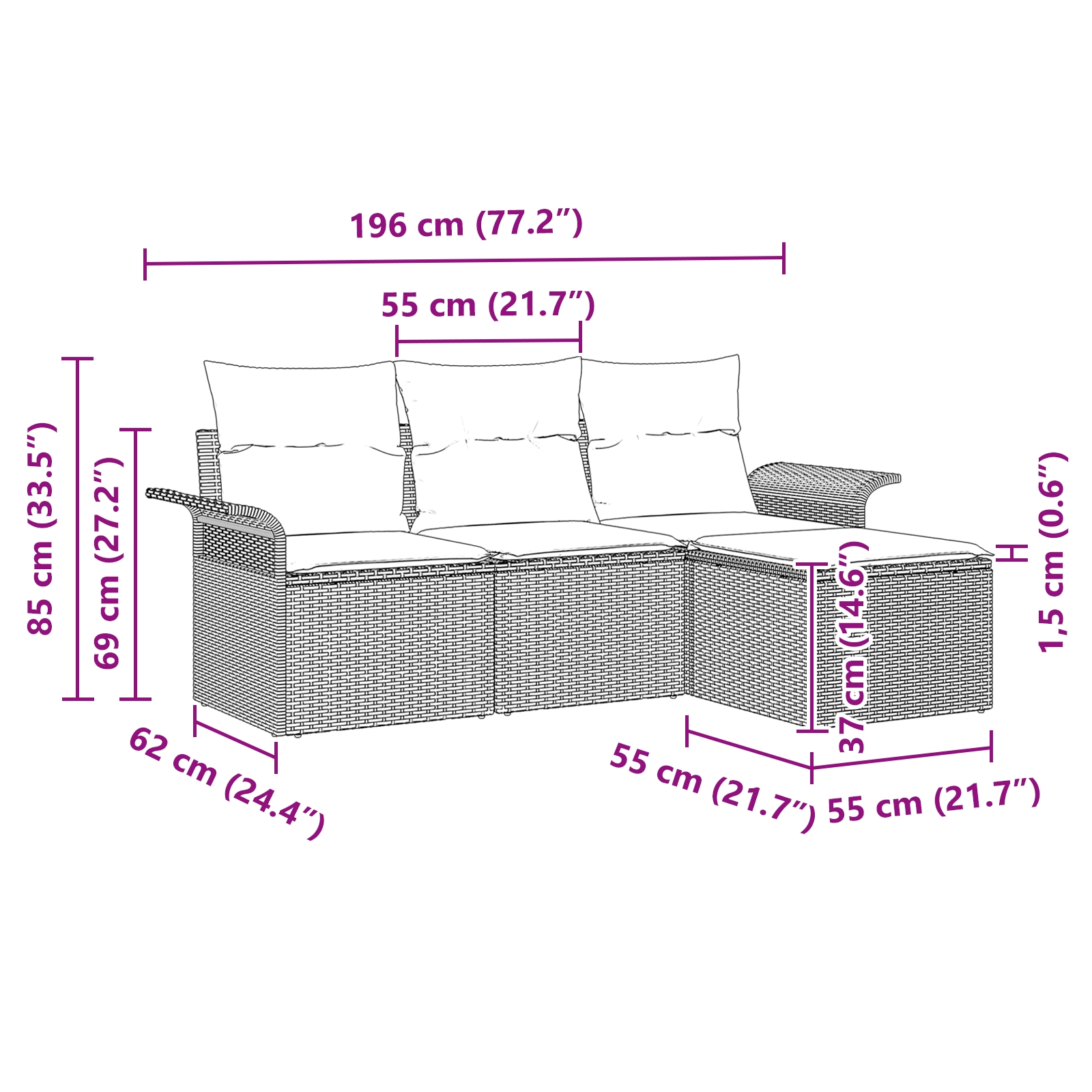 3345309 11 Set de canapele pentru grădină 4 pcs Gri 55 x 55 x 37cm Set de canapele pentru grădină 4 pcs Gri 55 x 55 x 37cm - imagine 11