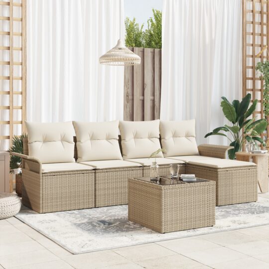 Set de canapele pentru grădină cu pernă 6 pcs Bej Rattan poli