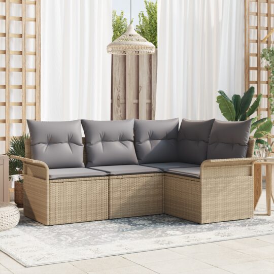 Set de canapele pentru grădină cu pernă 4 pcs Bej Rattan poli