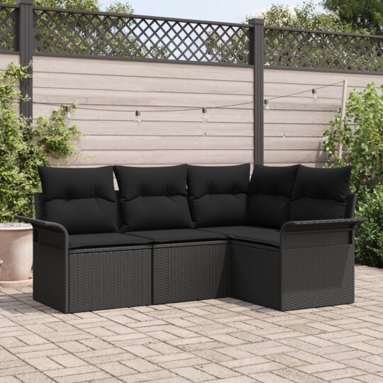 Set de canapele pentru grădină cu pernă 4 pcs Negru Rattan poli