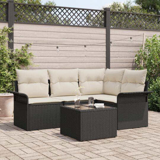 Set de canapele pentru grădină cu pernă 5 pcs Negru Rattan poli