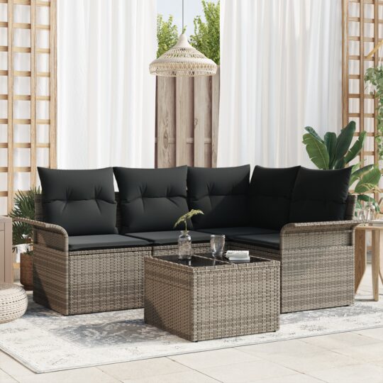 Set de canapele pentru grădină cu pernă 5 pcs Gri Rattan poli