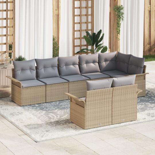 Set de canapele pentru grădină cu pernă 8 pcs Bej Rattan poli