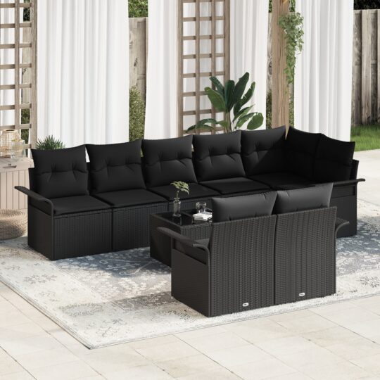 Set de canapele pentru grădină cu pernă 9 pcs Negru Rattan poli