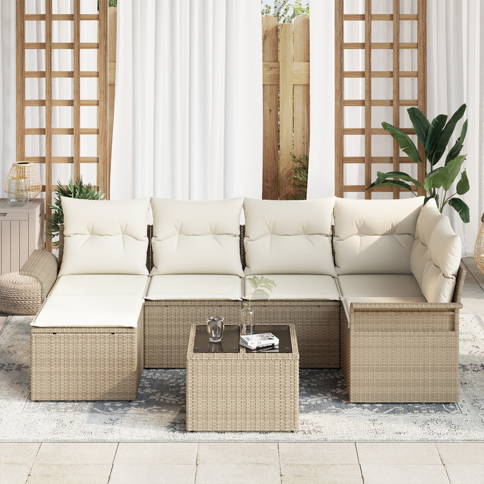 3345441 3 Set de canapele pentru grădină cu pernă 7 pcs Bej Rattan poli Set de canapele pentru grădină cu pernă 7 pcs Bej Rattan poli - imagine 3