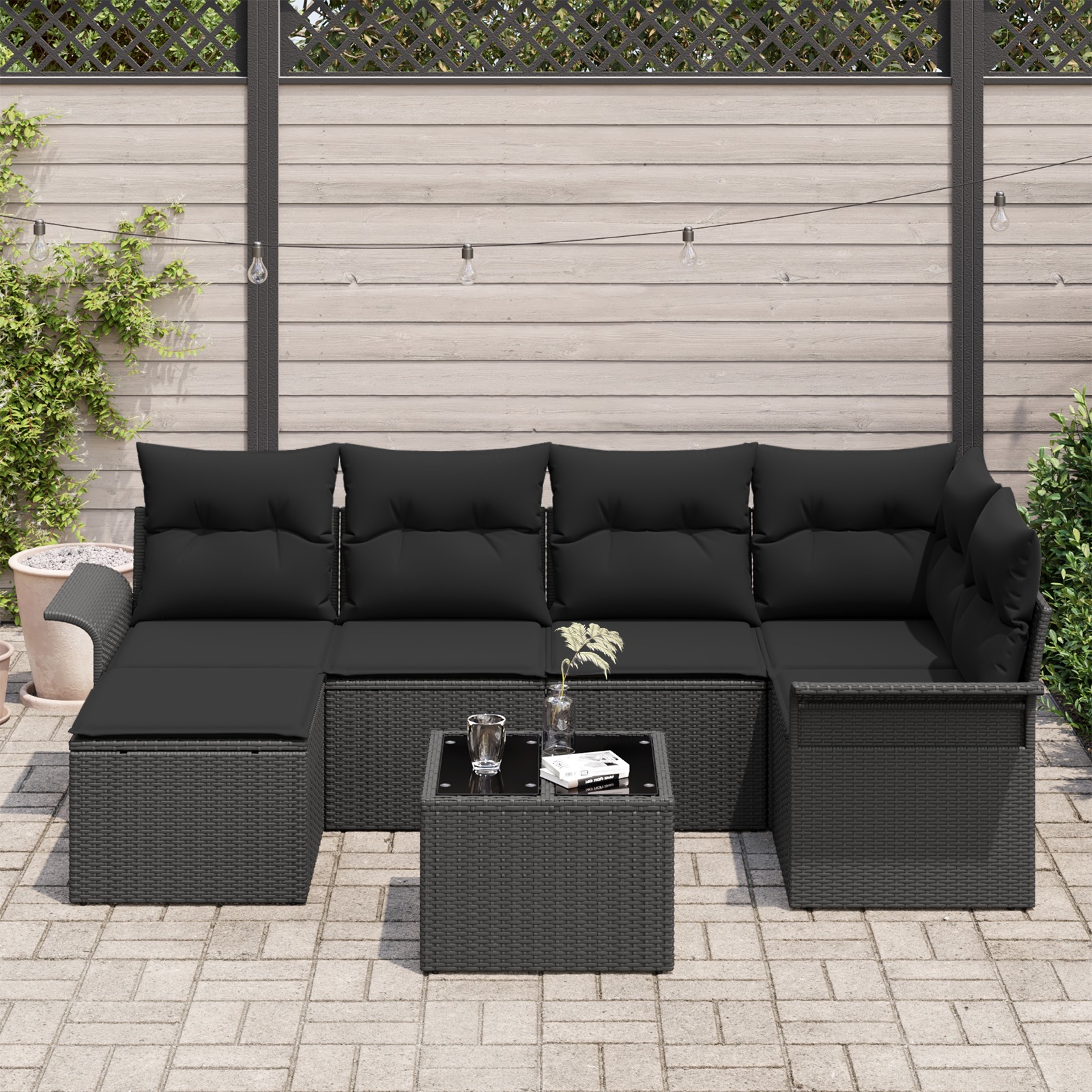 3345443 3 Set de canapele pentru grădină cu pernă 7 pcs Negru Rattan poli Set de canapele pentru grădină cu pernă 7 pcs Negru Rattan poli - imagine 3