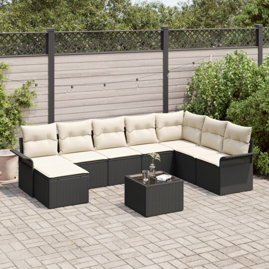 Set de canapele pentru grădină cu pernă 9 pcs Negru Rattan poli