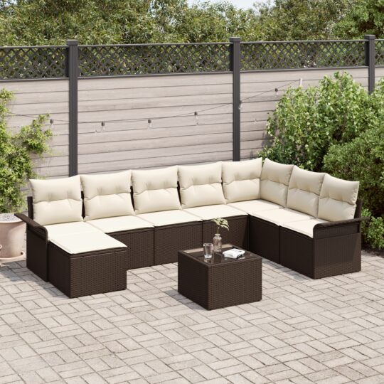Set de canapele pentru grădină cu pernă 9 pcs Maro Rattan poli