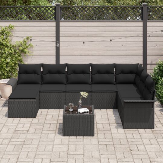 3345493 3 Set de canapele pentru grădină cu pernă 9 pcs Negru Rattan poli 3345493 3