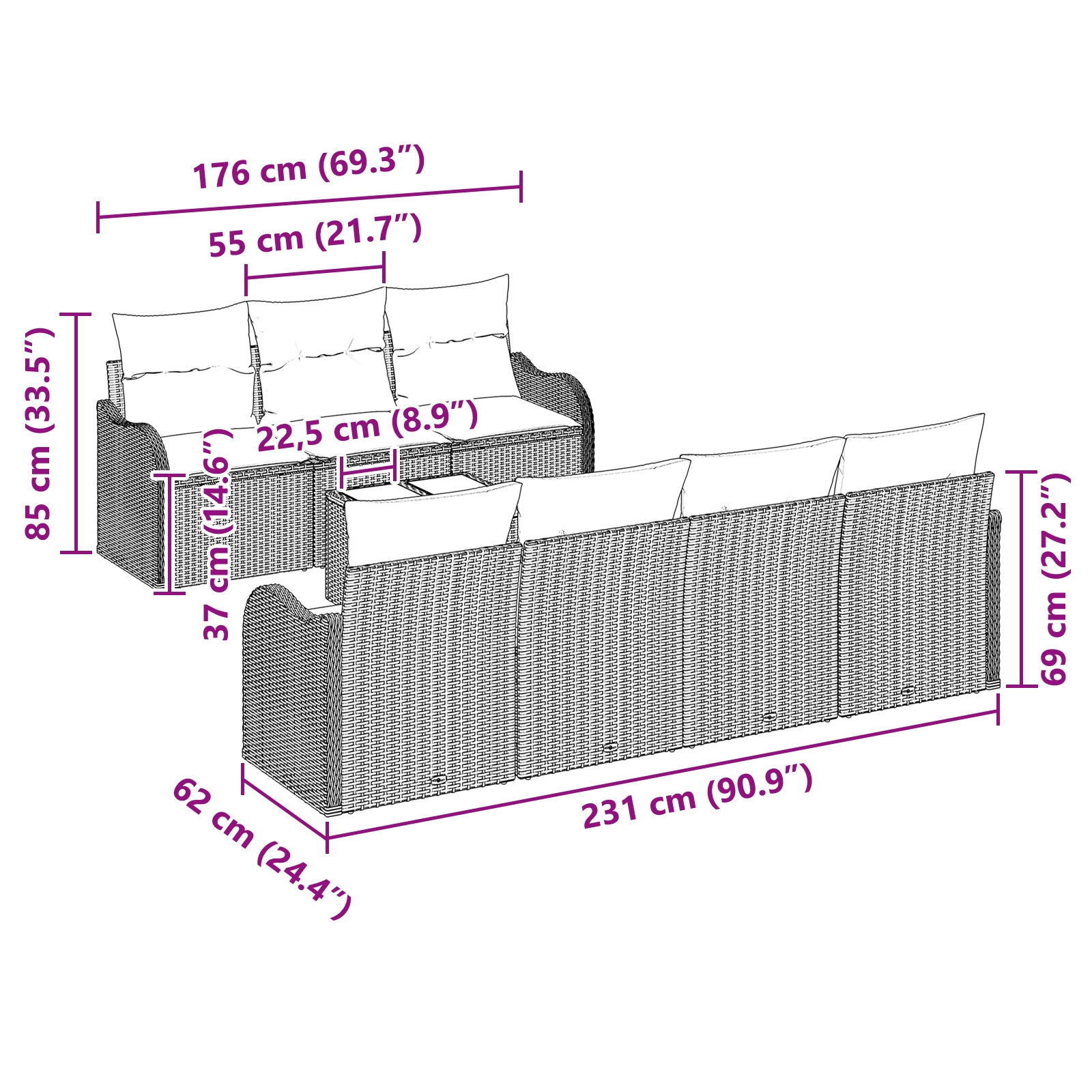 3345613 8 Set de canapele pentru grădină 8 pcs Negru 55 x 55 x 37 cm Set de canapele pentru grădină 8 pcs Negru 55 x 55 x 37 cm - imagine 8