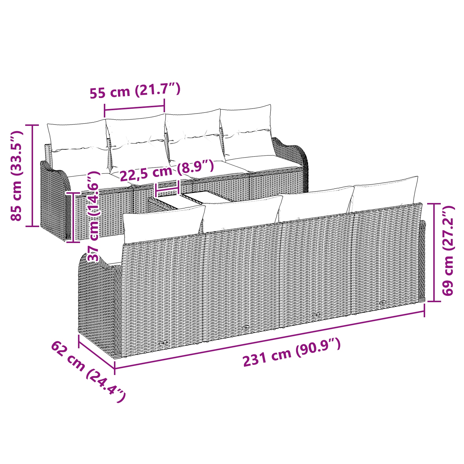 3345633 8 Set de canapele pentru grădină 9 pcs Negru 55 x 55 x 37 cm Set de canapele pentru grădină 9 pcs Negru 55 x 55 x 37 cm - imagine 8
