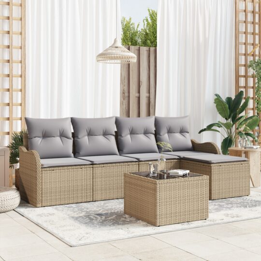 Set de canapele pentru grădină cu pernă 6 pcs Bej Rattan poli