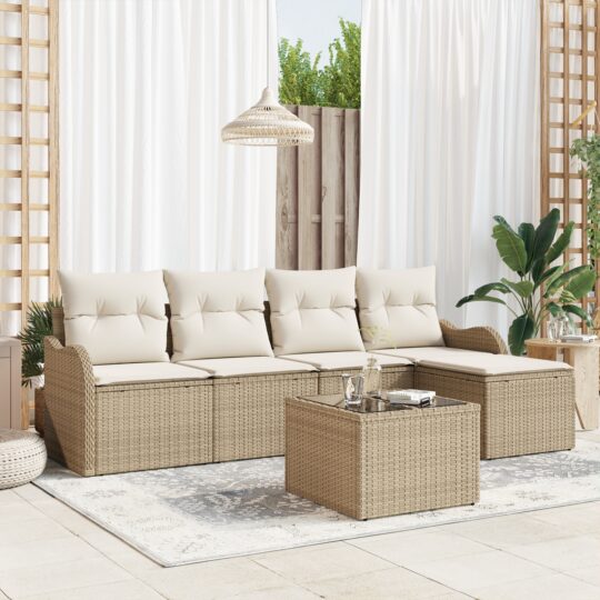 Set de canapele pentru grădină cu pernă 6 pcs Bej Rattan poli