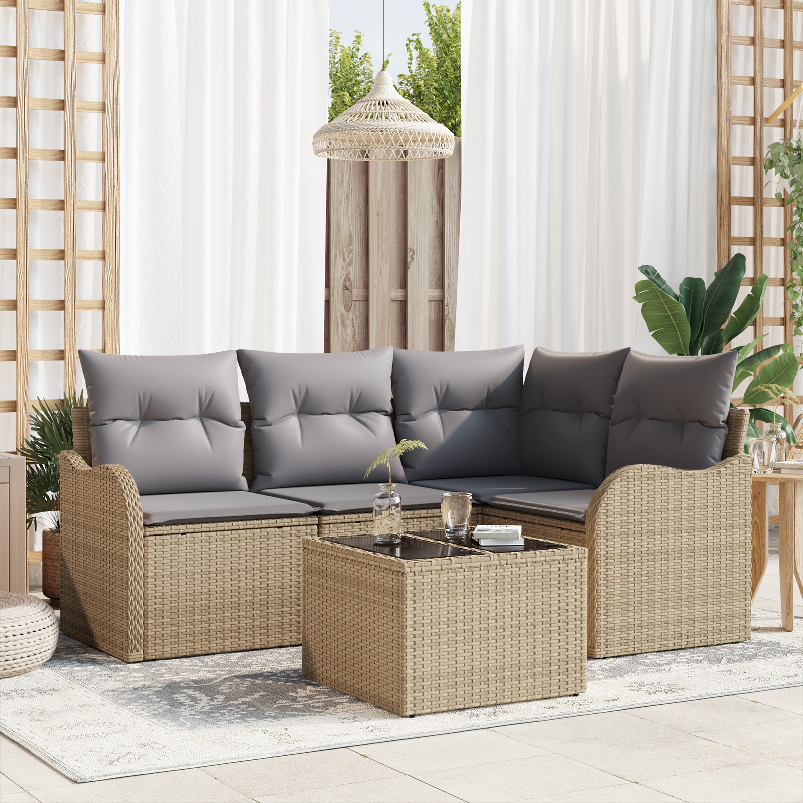 3345690 1 Set de canapele pentru grădină cu pernă 5 pcs Bej Rattan poli Set de canapele pentru grădină cu pernă 5 pcs Bej Rattan poli