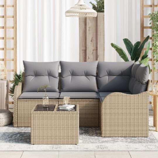 3345690 3 Set de canapele pentru grădină cu pernă 5 pcs Bej Rattan poli 3345690 3
