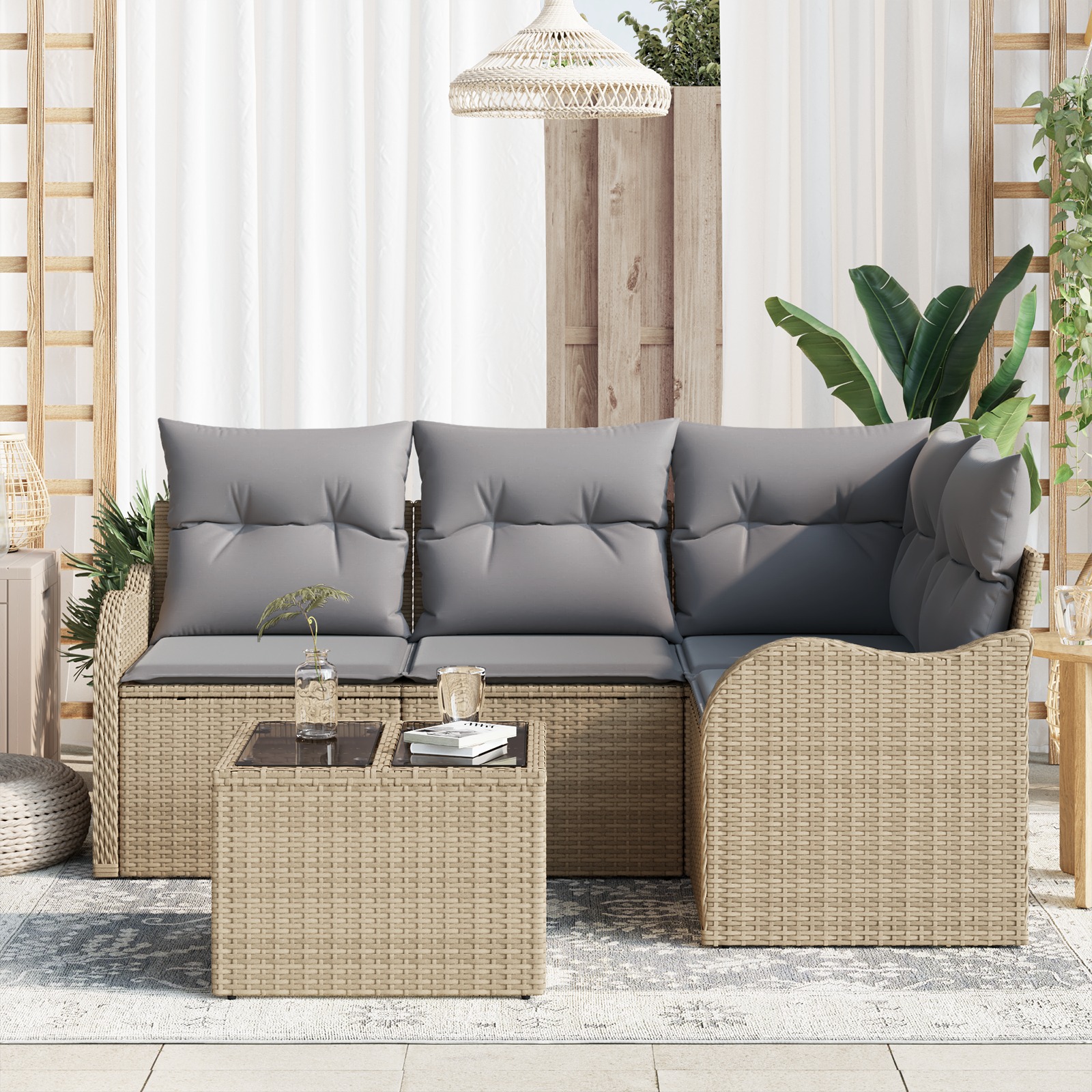 3345690 3 Set de canapele pentru grădină cu pernă 5 pcs Bej Rattan poli Set de canapele pentru grădină cu pernă 5 pcs Bej Rattan poli - imagine 3