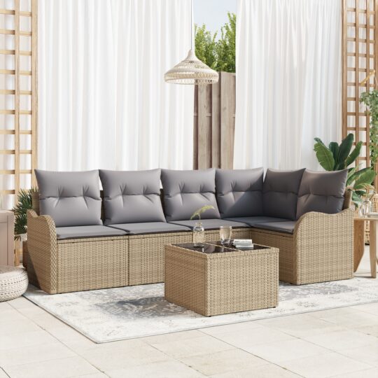 Set de canapele pentru grădină cu pernă 6 pcs Bej Rattan poli