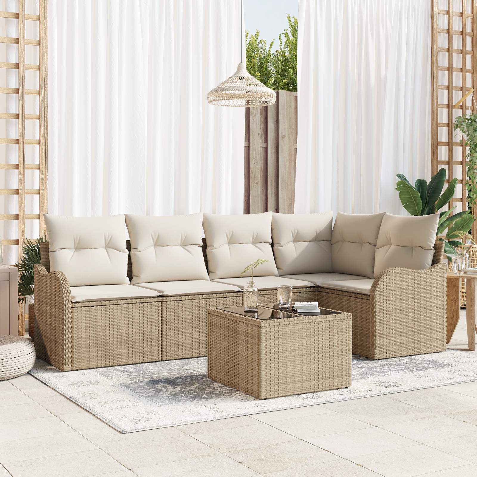 3345711 1 Set de canapele pentru grădină cu pernă 6 pcs Bej Rattan poli Set de canapele pentru grădină cu pernă 6 pcs Bej Rattan poli