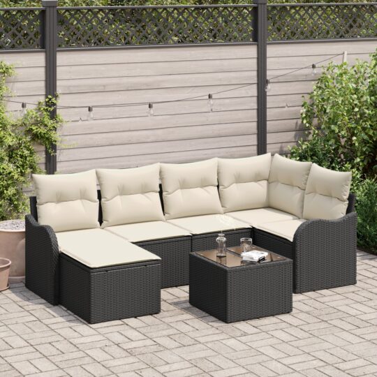 Set de canapele pentru grădină cu pernă 7 pcs Negru Rattan poli