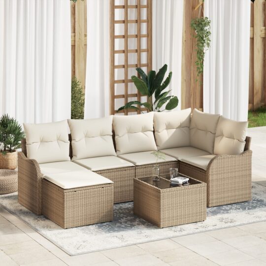 Set de canapele pentru grădină cu pernă 7 pcs Bej Rattan poli