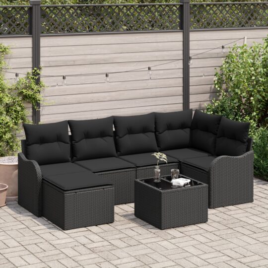 Set de canapele pentru grădină cu pernă 7 pcs Negru Rattan poli