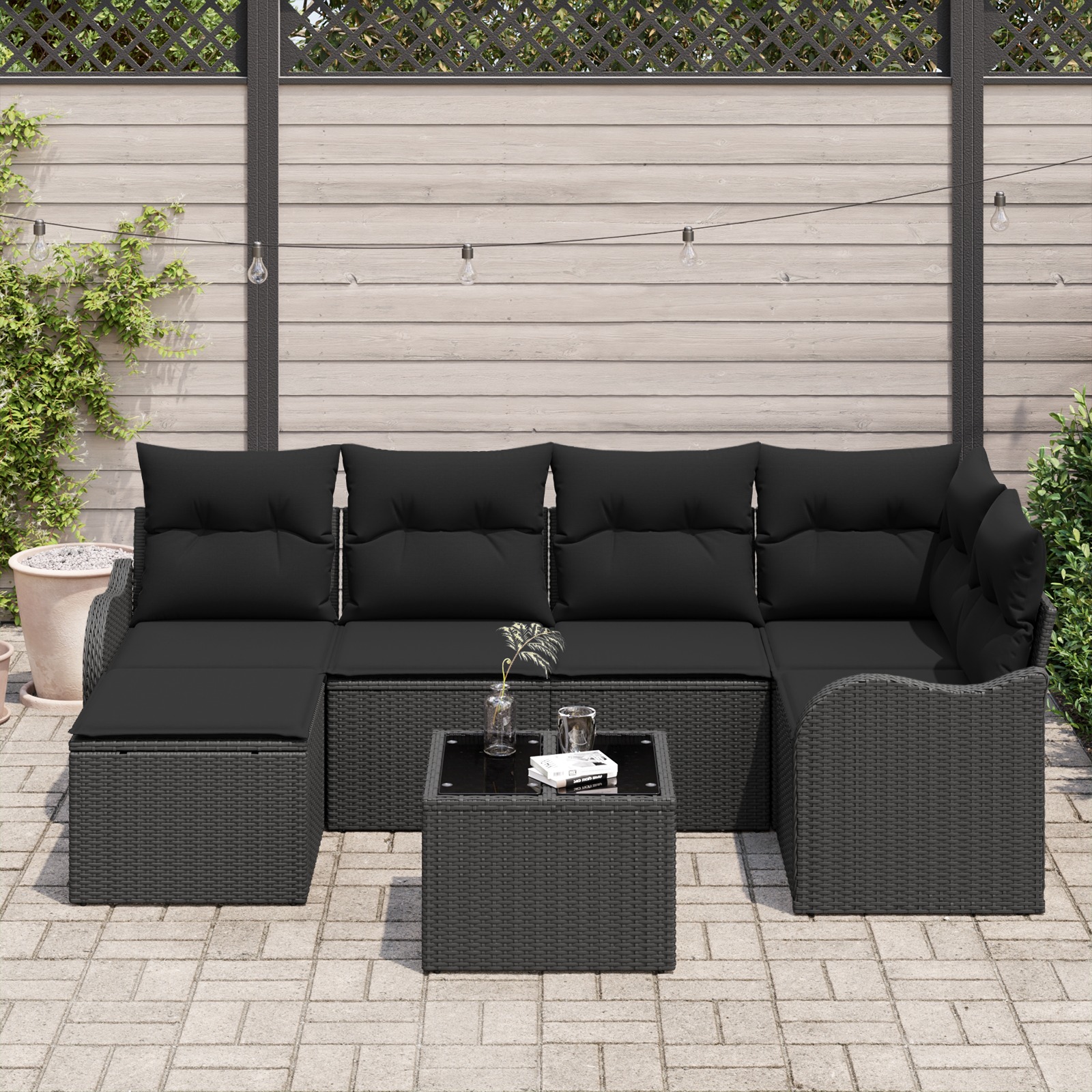 3345783 3 Set de canapele pentru grădină cu pernă 7 pcs Negru Rattan poli Set de canapele pentru grădină cu pernă 7 pcs Negru Rattan poli - imagine 3