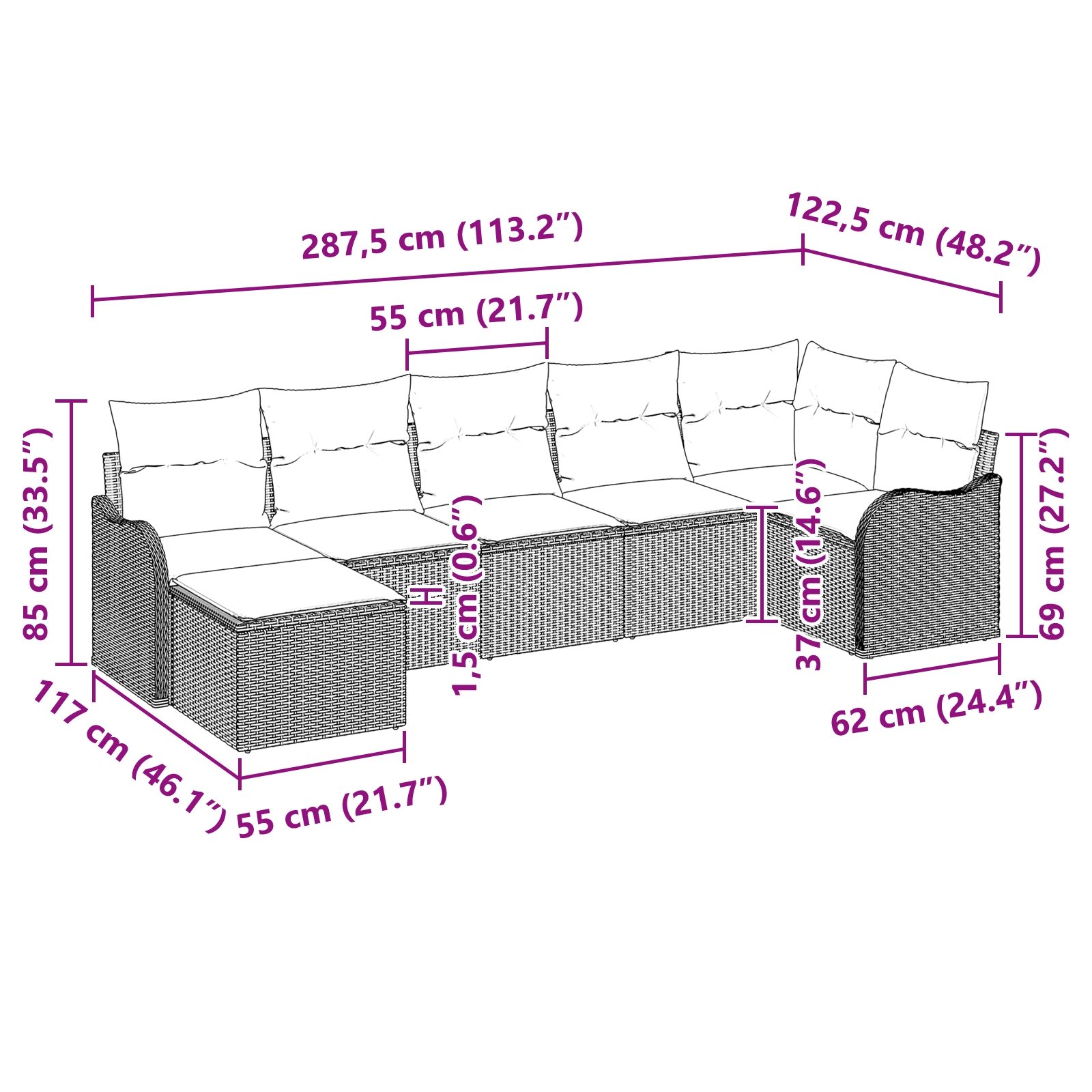 3345787 9 Set de canapele pentru grădină cu pernă 7 pcs Negru Rattan poli Set de canapele pentru grădină cu pernă 7 pcs Negru Rattan poli - imagine 9