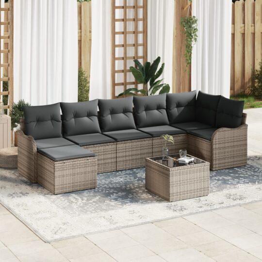 Set de canapele pentru grădină cu pernă 8 pcs Gri Rattan poli