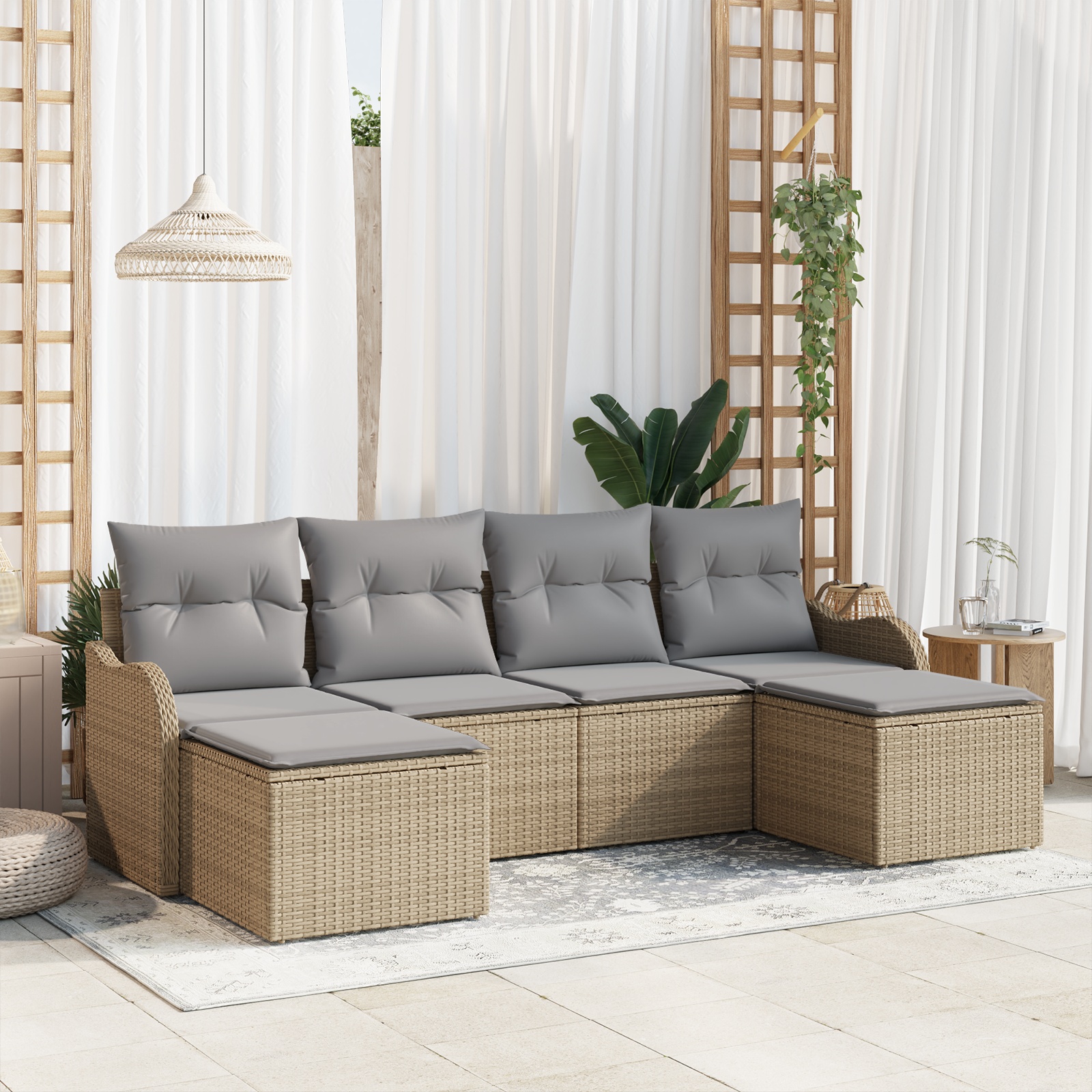 3345810 1 Set de canapele pentru grădină cu pernă 6 pcs Bej Rattan poli Set de canapele pentru grădină cu pernă 6 pcs Bej Rattan poli
