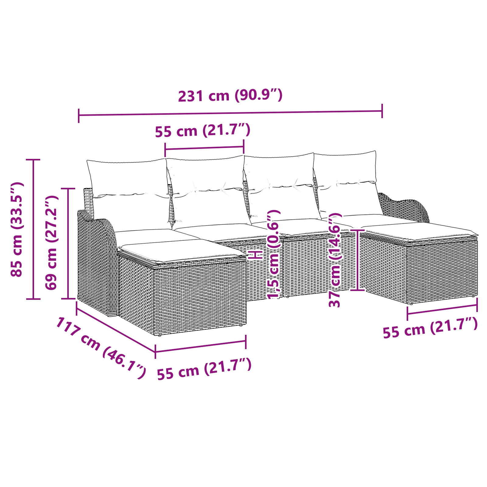 3345810 8 Set de canapele pentru grădină cu pernă 6 pcs Bej Rattan poli Set de canapele pentru grădină cu pernă 6 pcs Bej Rattan poli - imagine 8