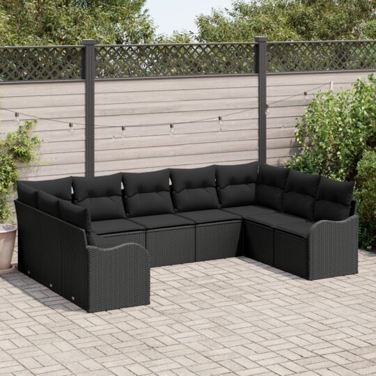 Set de canapele pentru grădină cu pernă 9 pcs Negru Rattan poli