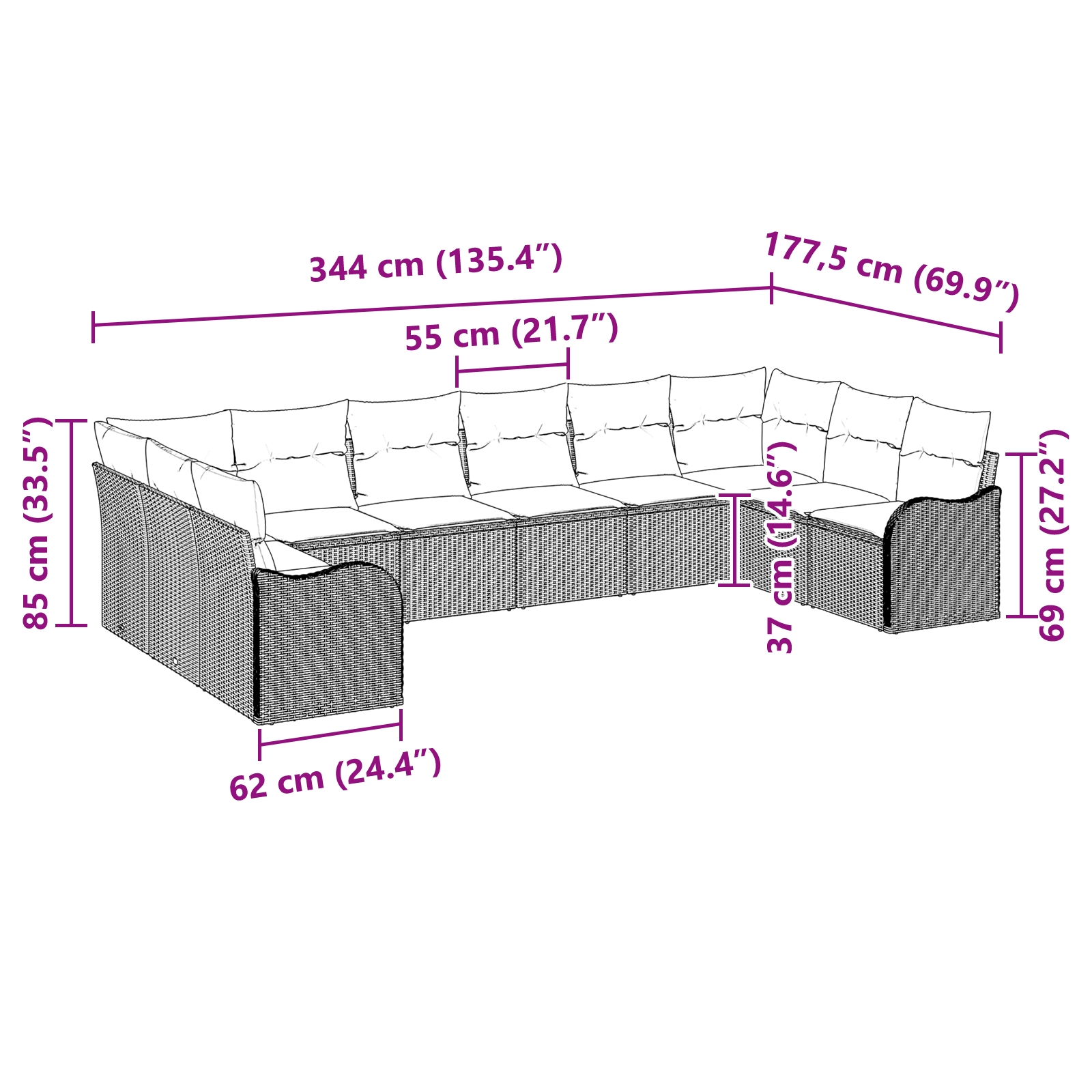 3345879 8 Set de canapele pentru grădină cu pernă 10 pcs Gri Rattan poli Set de canapele pentru grădină cu pernă 10 pcs Gri Rattan poli - imagine 8