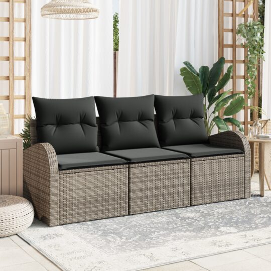 Set de canapele pentru grădină cu pernă 3 pcs Gri Rattan poli