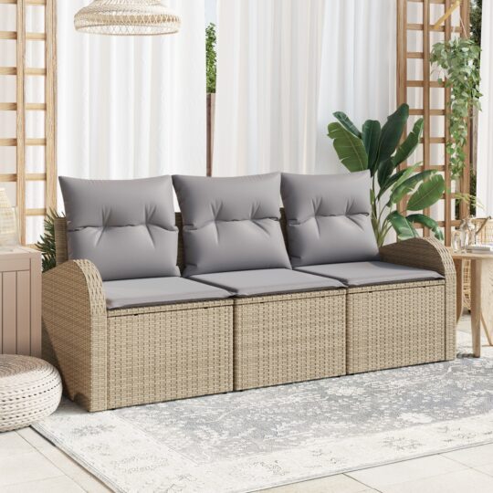 Set de canapele pentru grădină cu pernă 3 pcs Bej Rattan poli