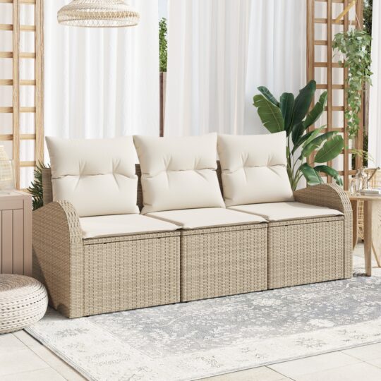 Set de canapele pentru grădină cu pernă 3 pcs Bej Rattan poli