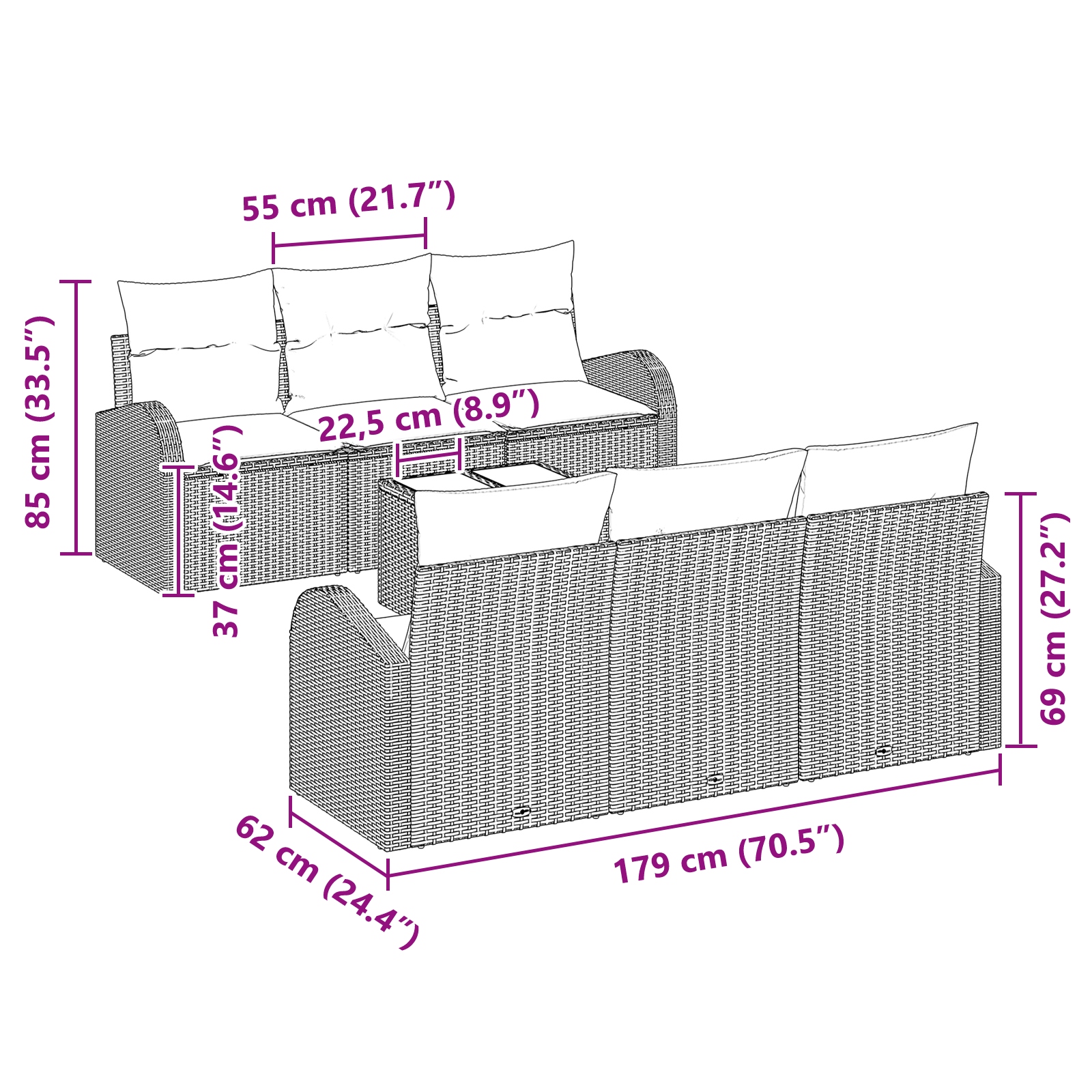 3345928 11 Set de canapele pentru grădină 7 pcs Maro 55 x 55 x 37 cm Set de canapele pentru grădină 7 pcs Maro 55 x 55 x 37 cm - imagine 11