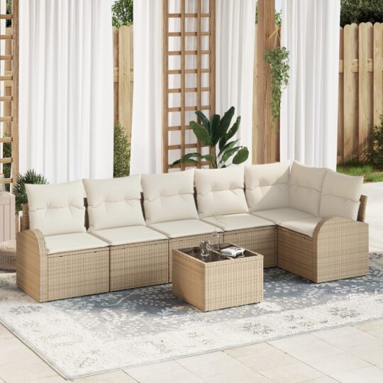 Set de canapele pentru grădină cu pernă 7 pcs Bej Rattan poli
