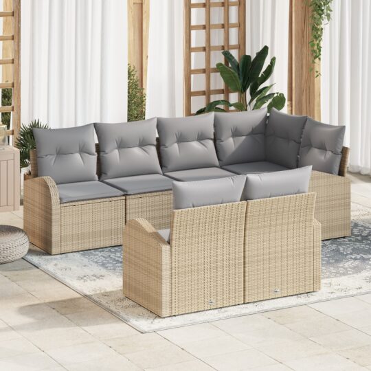 Set de canapele pentru grădină cu pernă 7 pcs Bej Rattan poli