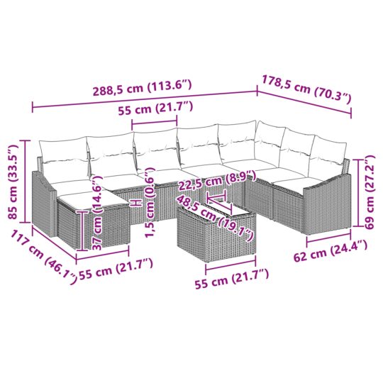 3346851 10 Set de canapele pentru grădină 9 pcs Bej Rattan poli 3346851 10