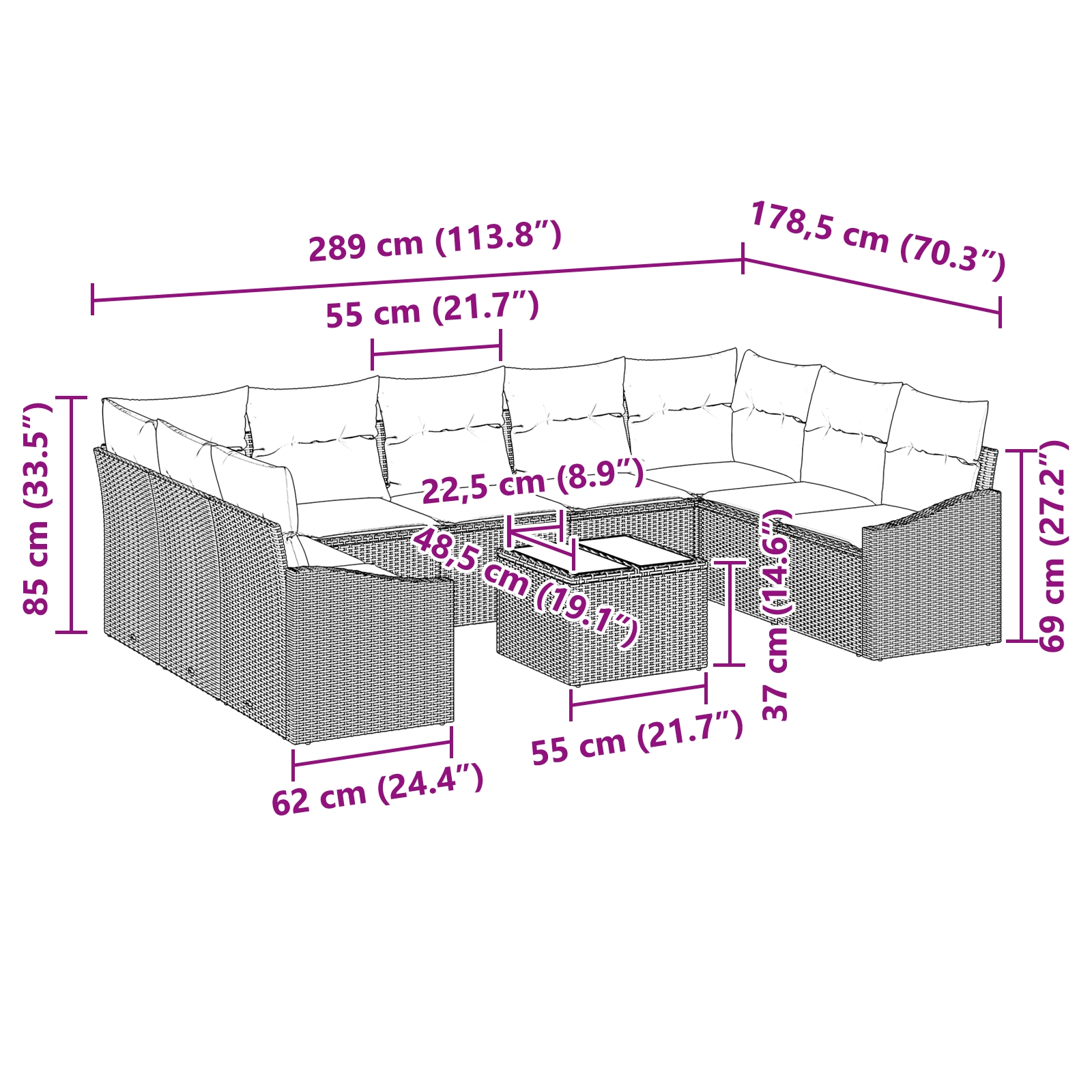 3346893 9 Set de canapele pentru grădină 10 pcs Negru Rattan poli Set de canapele pentru grădină 10 pcs Negru Rattan poli - imagine 9