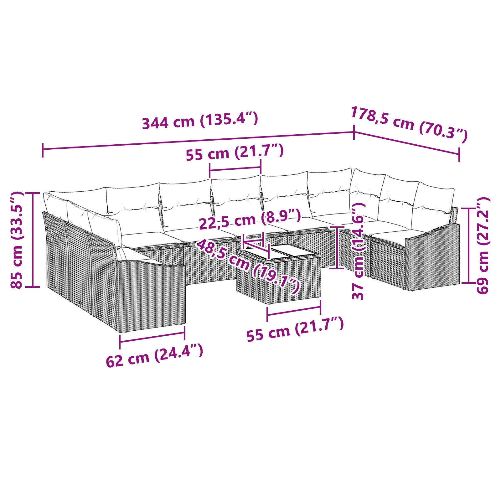 3346910 9 Set de canapele pentru grădină 11 pcs Bej Rattan poli Set de canapele pentru grădină 11 pcs Bej Rattan poli - imagine 9