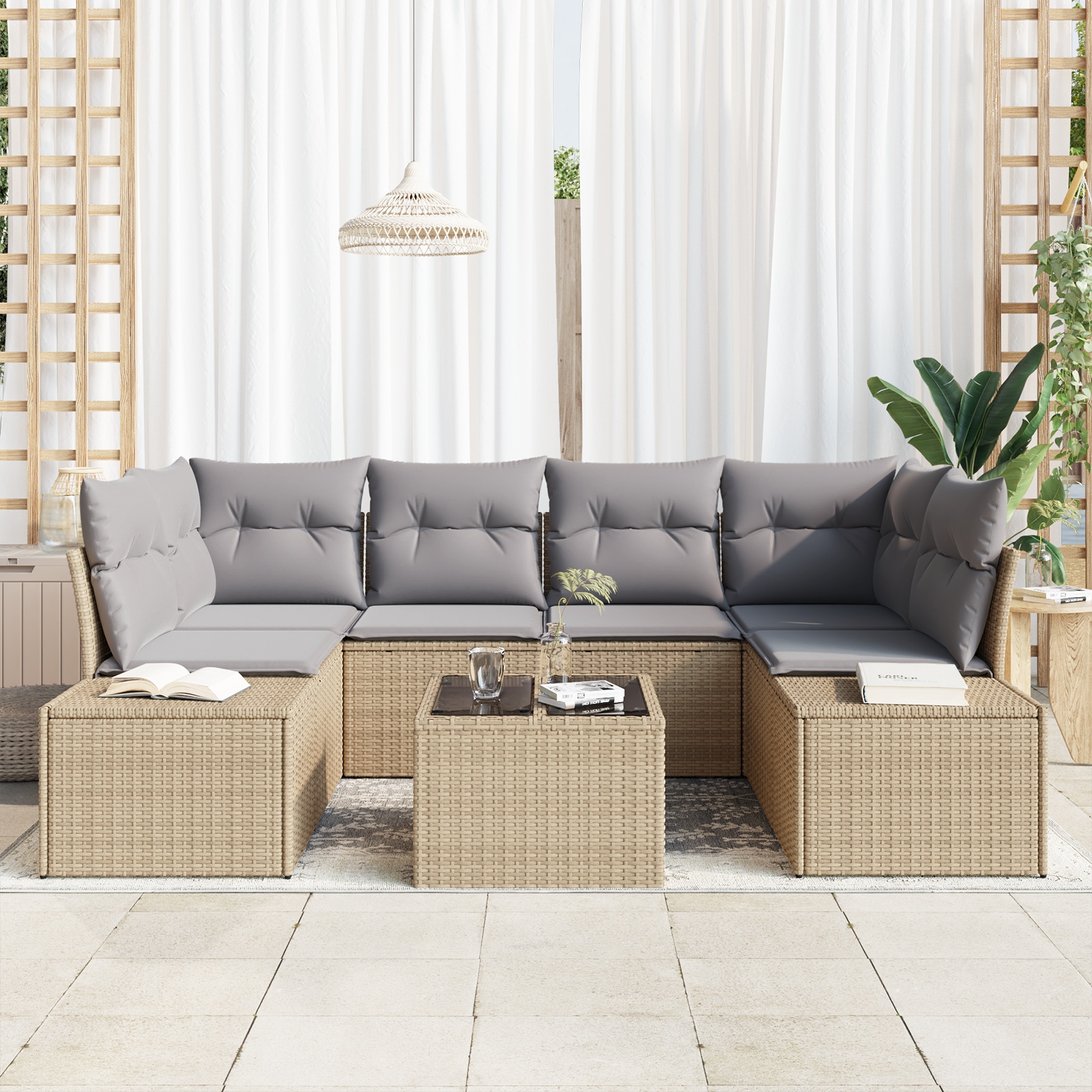 3346960 3 Set de canapele pentru grădină 7 pcs Bej Rattan poli Set de canapele pentru grădină 7 pcs Bej Rattan poli - imagine 3
