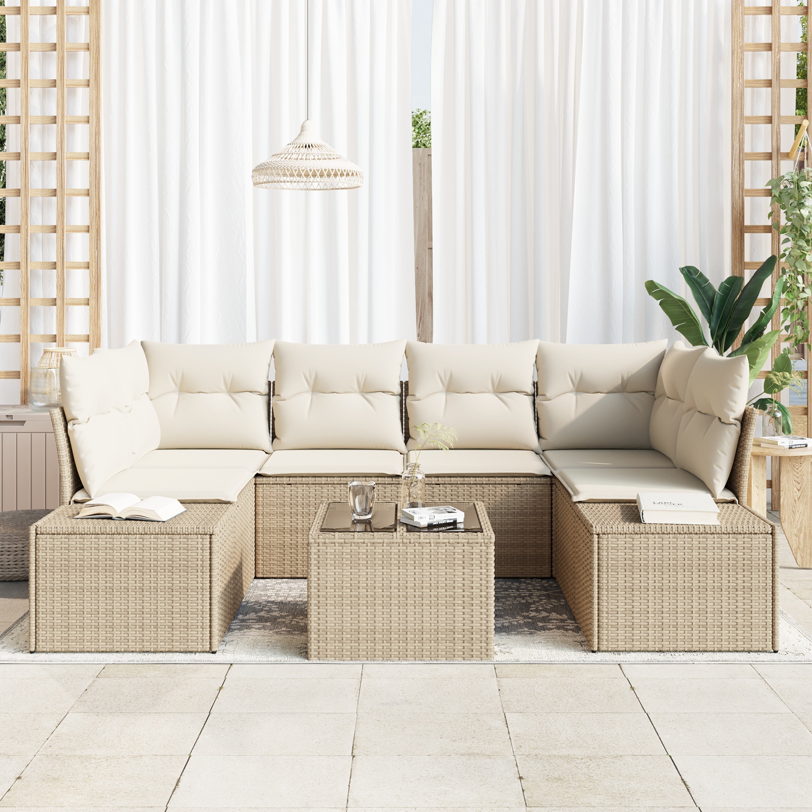 3346961 3 Set de canapele pentru grădină 7 pcs Bej Rattan poli Set de canapele pentru grădină 7 pcs Bej Rattan poli - imagine 3