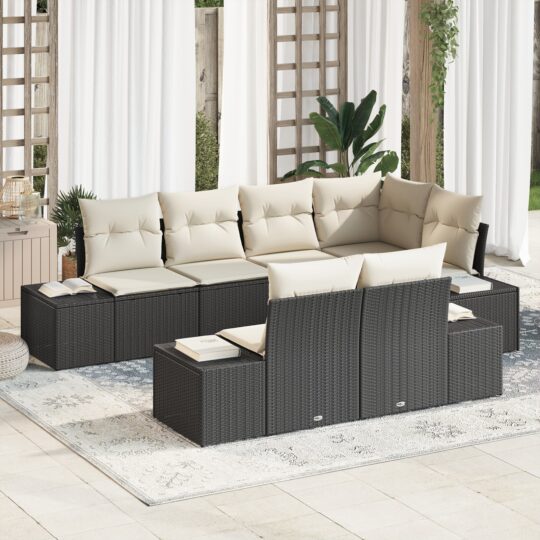 Set de canapele pentru grădină 7 pcs negru și crem Rattan poli