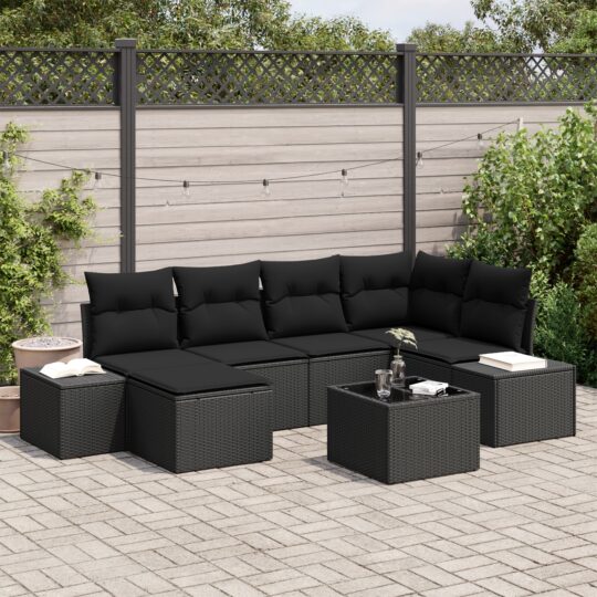 Set de canapele pentru grădină cu pernă 7 pcs Negru Rattan poli