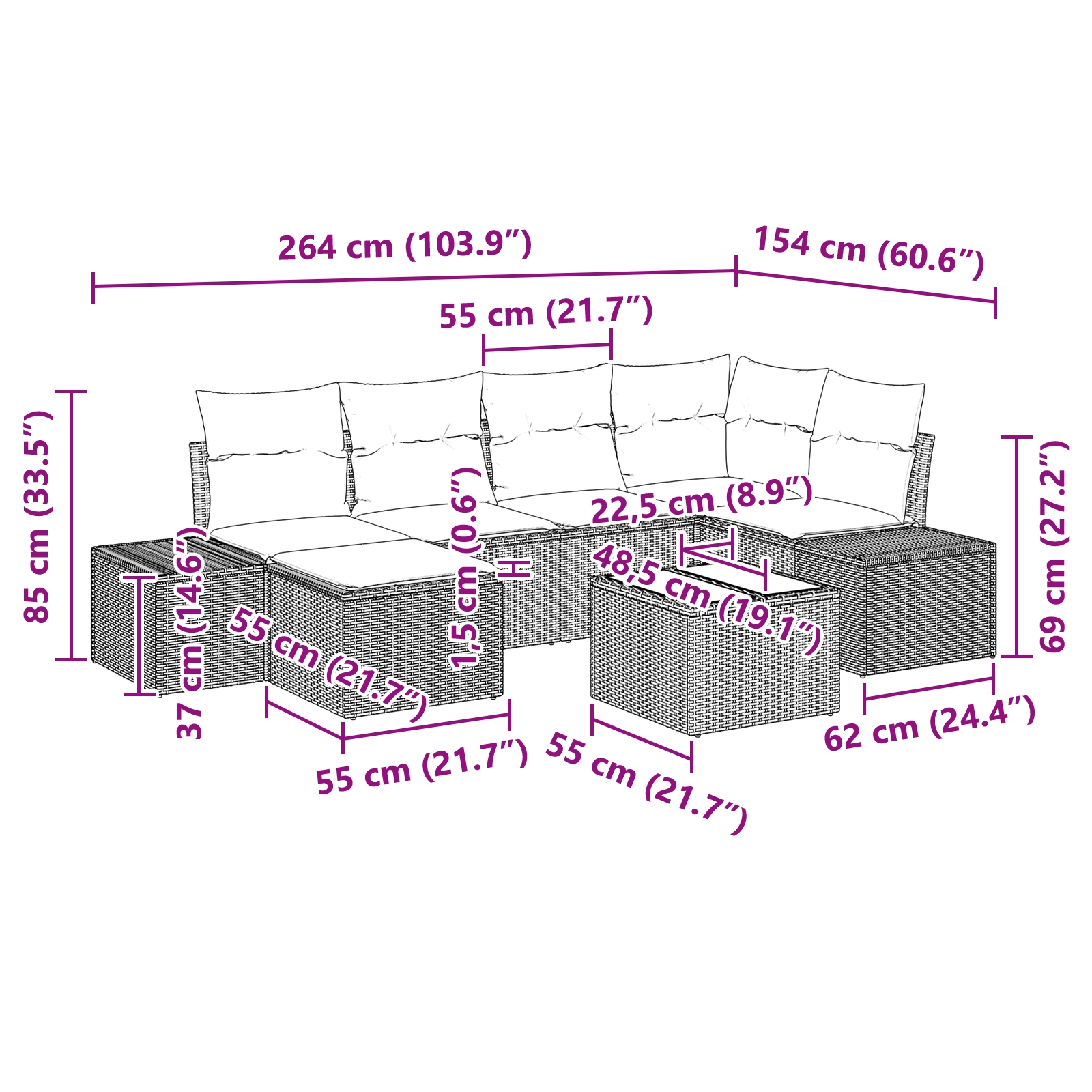 3347143 10 Set de canapele pentru grădină cu pernă 7 pcs Negru Rattan poli Set de canapele pentru grădină cu pernă 7 pcs Negru Rattan poli - imagine 10