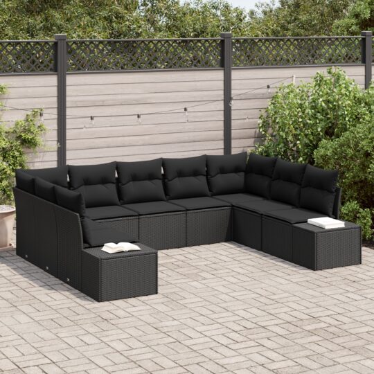 Set de canapele pentru grădină cu pernă 9 pcs Negru Rattan poli