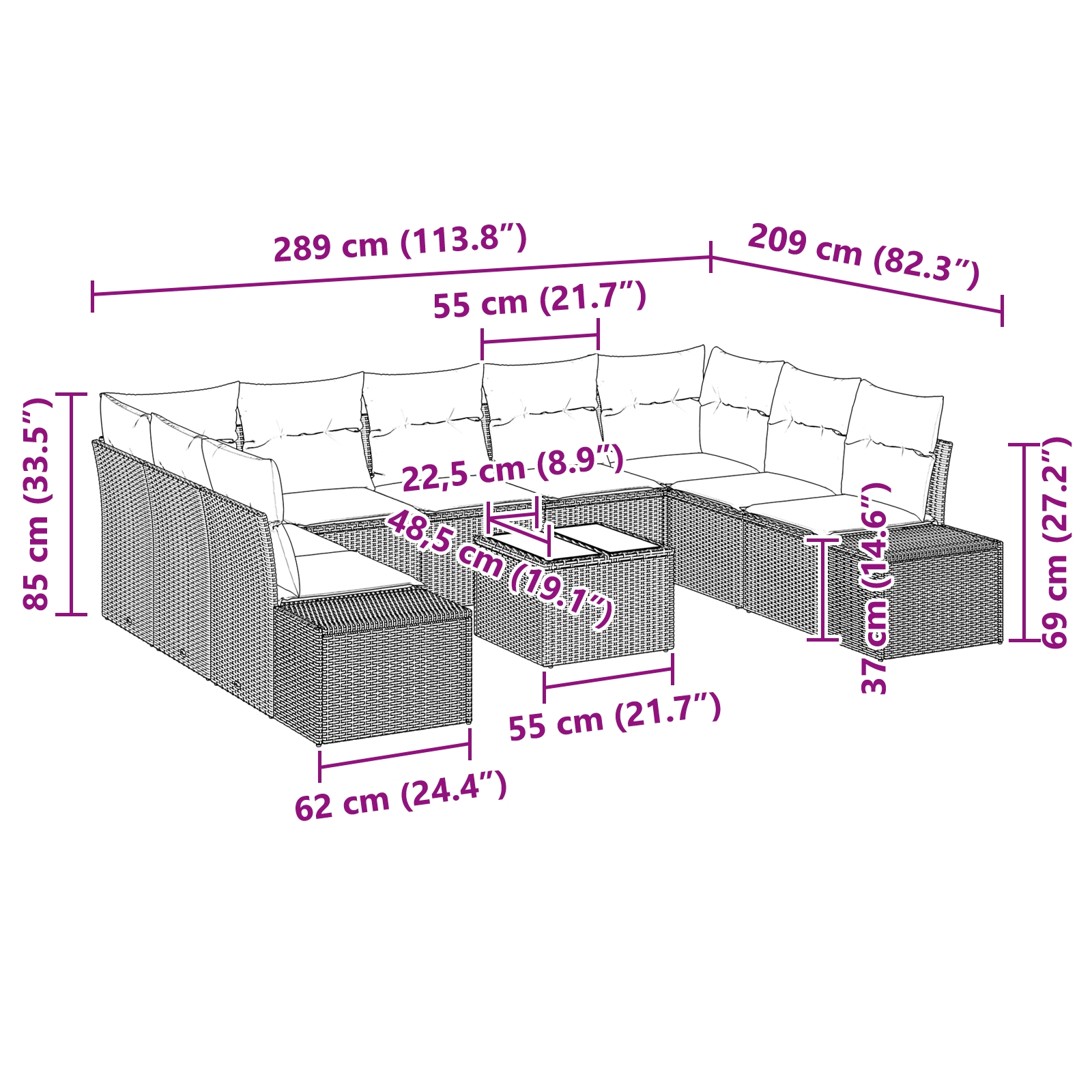 3347227 9 Set de canapele pentru grădină 10 pcs Negru Rattan poli Set de canapele pentru grădină 10 pcs Negru Rattan poli - imagine 9